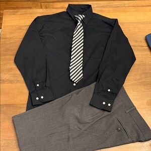 Boys Sz 14 Black Dress Shirt with Stripe Tie and Grey 14H dress pants